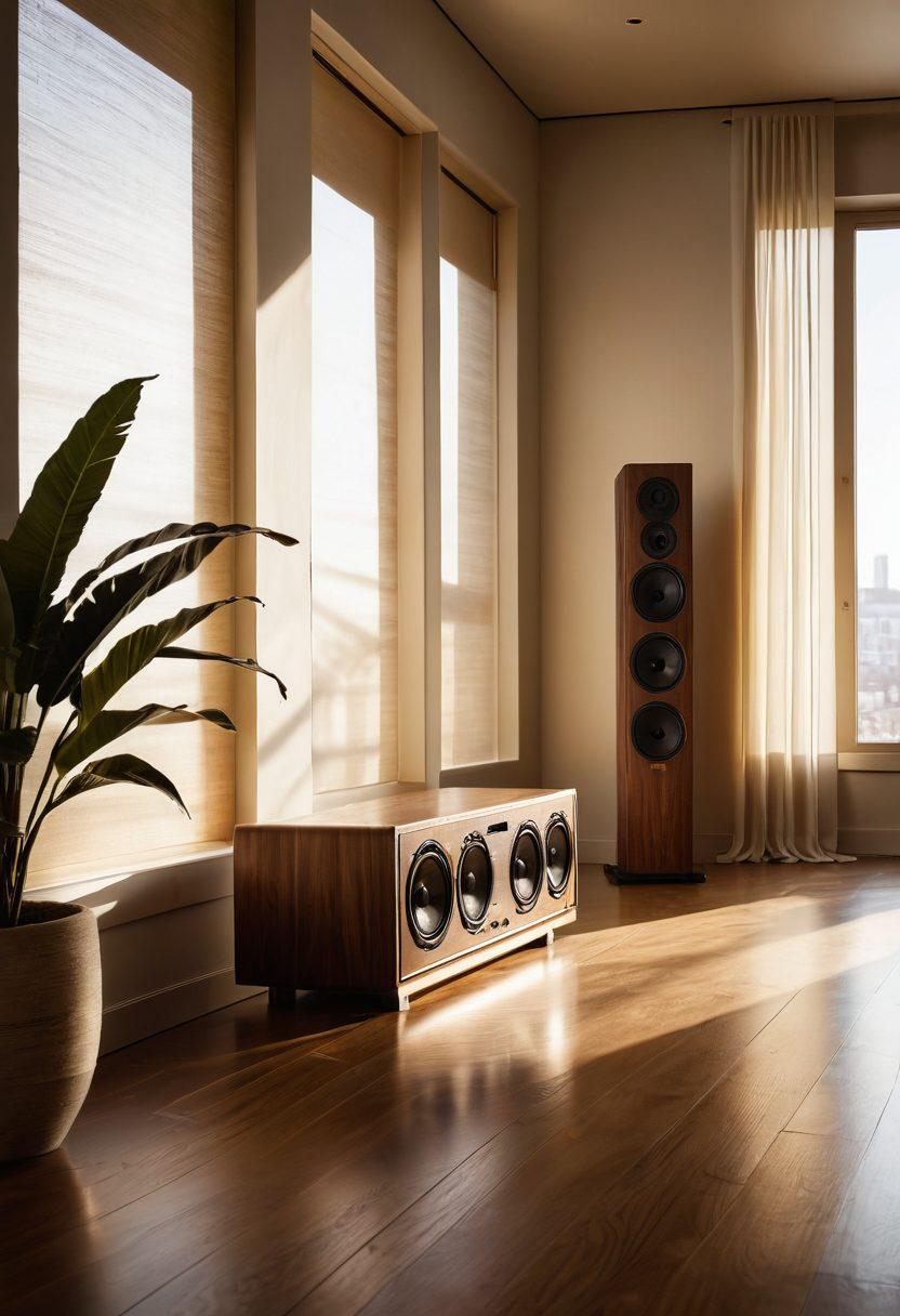 A serene, minimalist room featuring elegant audio equipment seamlessly integrated into stylish decor. Soft ambient lighting enhances the rich textures of wood and fabric, while a golden hour glow pours in through large windows. On the foreground, an intricately designed speaker emits sound waves visually represented with delicate lines. The scene evokes a sense of harmony and sophistication, drawing attention to the art of listening. super-realistic. warm tones. soft focus.