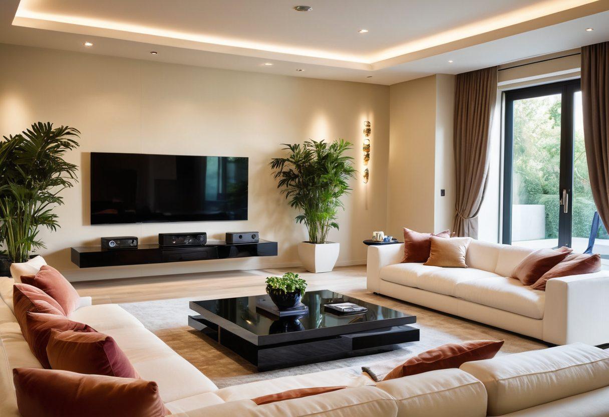 A luxurious home audio setup featuring sleek high-end speakers, surrounded by elegant decor and soft ambient lighting. Include elements like a plush sofa, vinyl records, and plants to create a cozy atmosphere. Showcase sound waves visually emanating from the speakers, blending into artistic shapes that represent aesthetics. Emphasize the contrast between modern design and artful touches. super-realistic. vibrant colors. cozy ambiance.