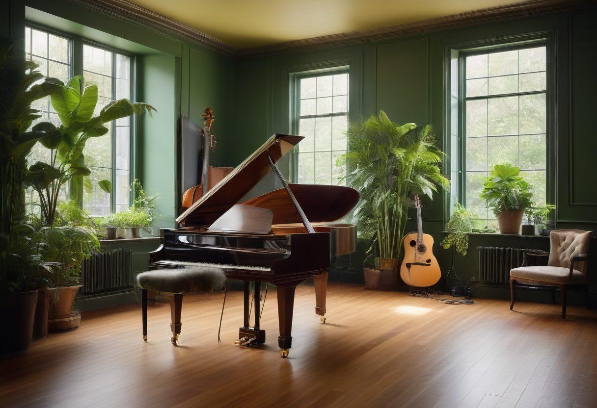 A serene and elegant studio setting featuring a blend of high-end acoustic instruments and modern technology, like sleek microphones and soundboards. Soft, ambient lighting creates a tranquil atmosphere, with soundwaves visually represented in the background. Include natural elements like lush plants for a touch of sophistication. super-realistic. vibrant colors. soft focus.